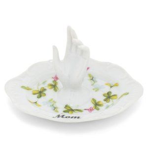 Mom Floral White Pink Green 4 Inch Porcelain Hand Shaped Ring Trinket Dish